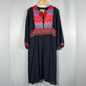 Figue Violeta Embroidered Cotton Midi Dress Splitneck Boho Indie Hippie Medium